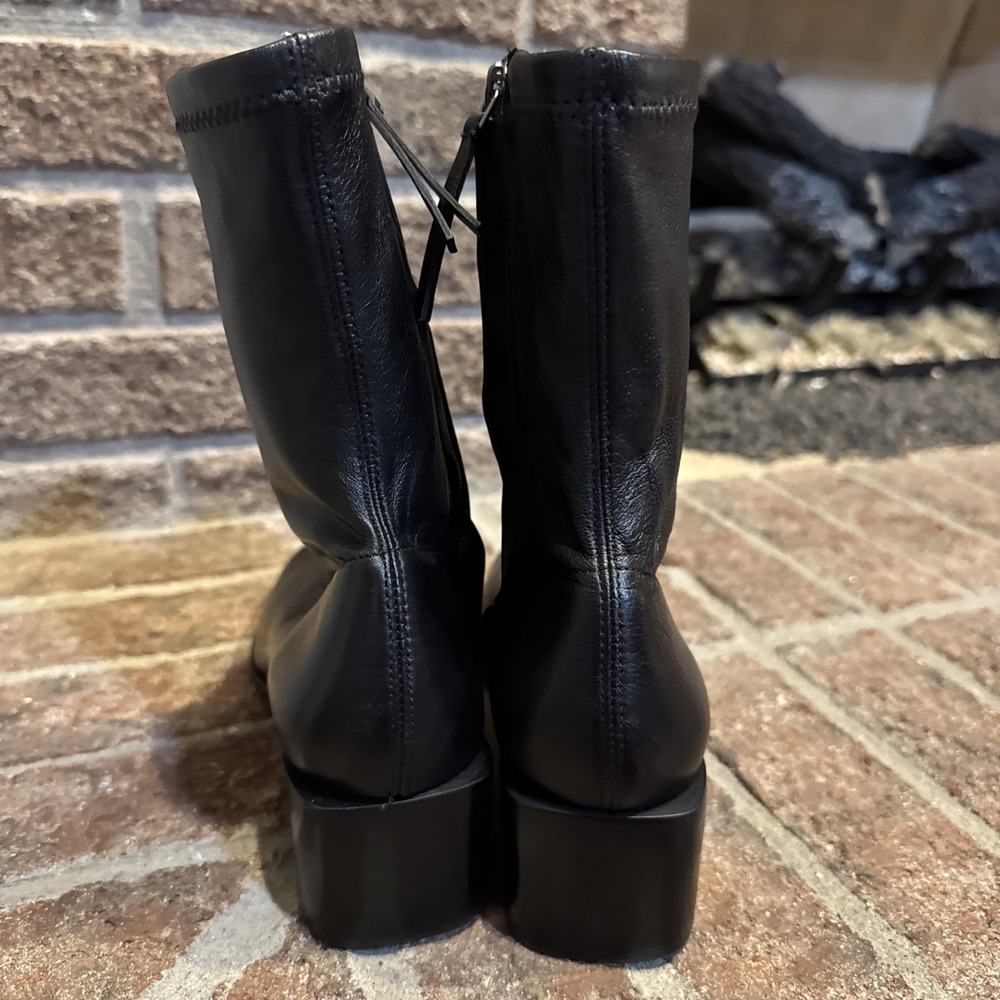Reformation Louis Stretch Sock Bootie Leather Boots Block Heel Black Size 6.5 - Picture 6 of 16
